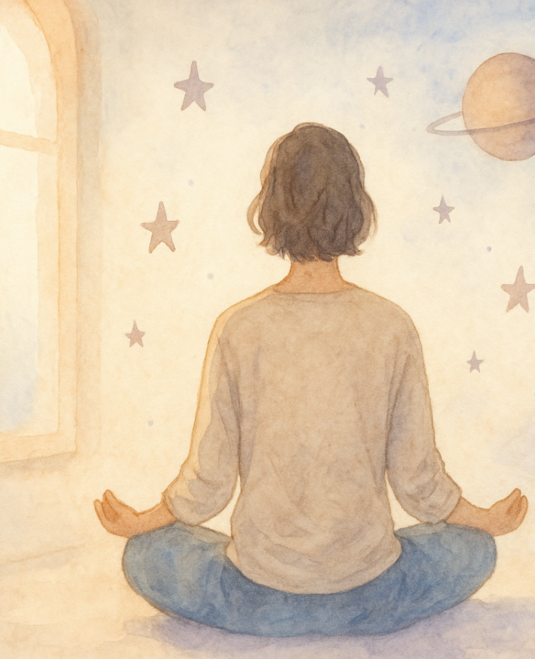 Figura contemplativa sob Saturno e estrelas